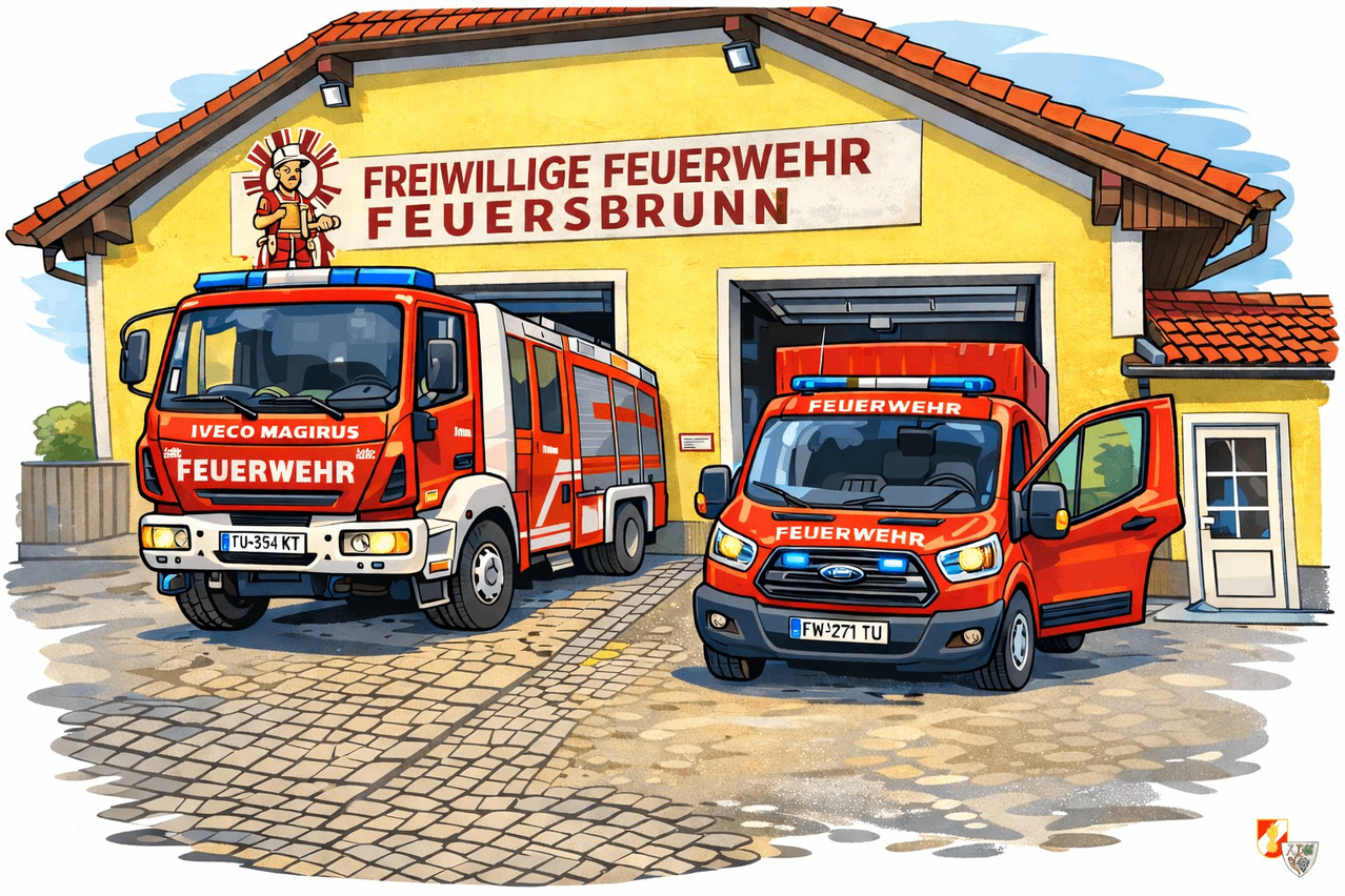 An illustration of two red fire trucks in front of a fire station with the words Freiwillige Feuerwehr Feuersbrunn on the building.