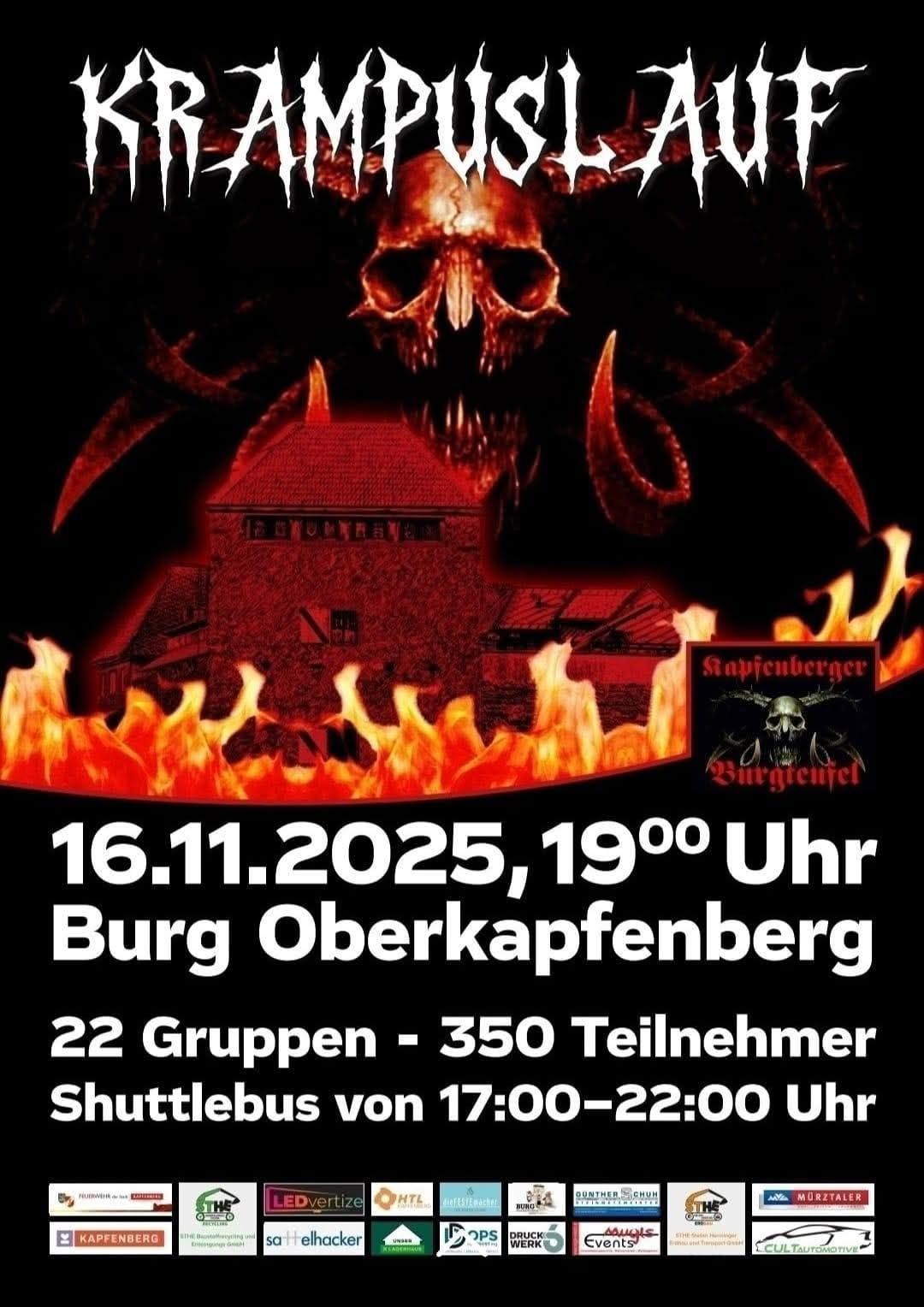 Poster with a skull and flames, announcing an event on November 16, 2025, at 19:00. The event takes place at Burg Oberkapfenberg with 22 groups and 350 participants. Shuttle bus service from 17:00 to 22:00.