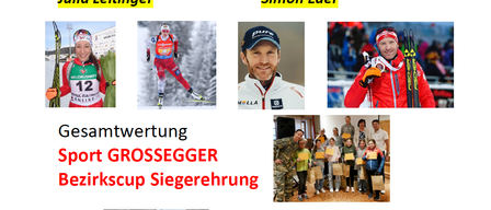 Das Poster lädt zur Verabschiedung von Julia Leitinger und Simon Eder am 19. April 2026 um 18:00 Uhr im Gasthof Schörhof ein. Es zeigt Fotos von Athleten und erwähnt Gesamtwertungen für Sport GROSSEGGER und Salzburg AG Landescup Biathlon Siegerehrung.