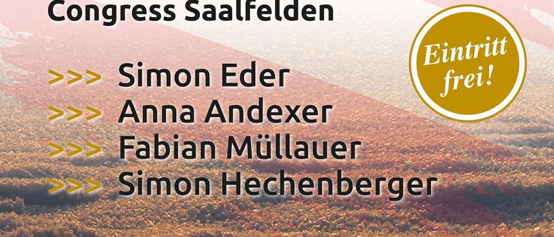 Werbeposter für Olympia und WM Empfang am 12. April 2016 um 17:30 im Congress Saalfelden. Eintritt frei! Präsentiert Athleten Simon Eder, Anna Andexer, Fabian Müllauer und Simon Hechenberger.