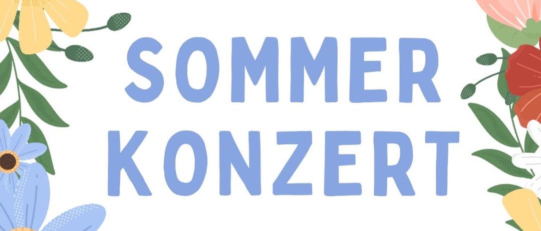 Plakat für ein Sommerkonzert. Datum: Freitag, 13. Juni. Zeit: 16:00 Uhr. Ort: Hauptplatz. Blumen schmücken den Rand.