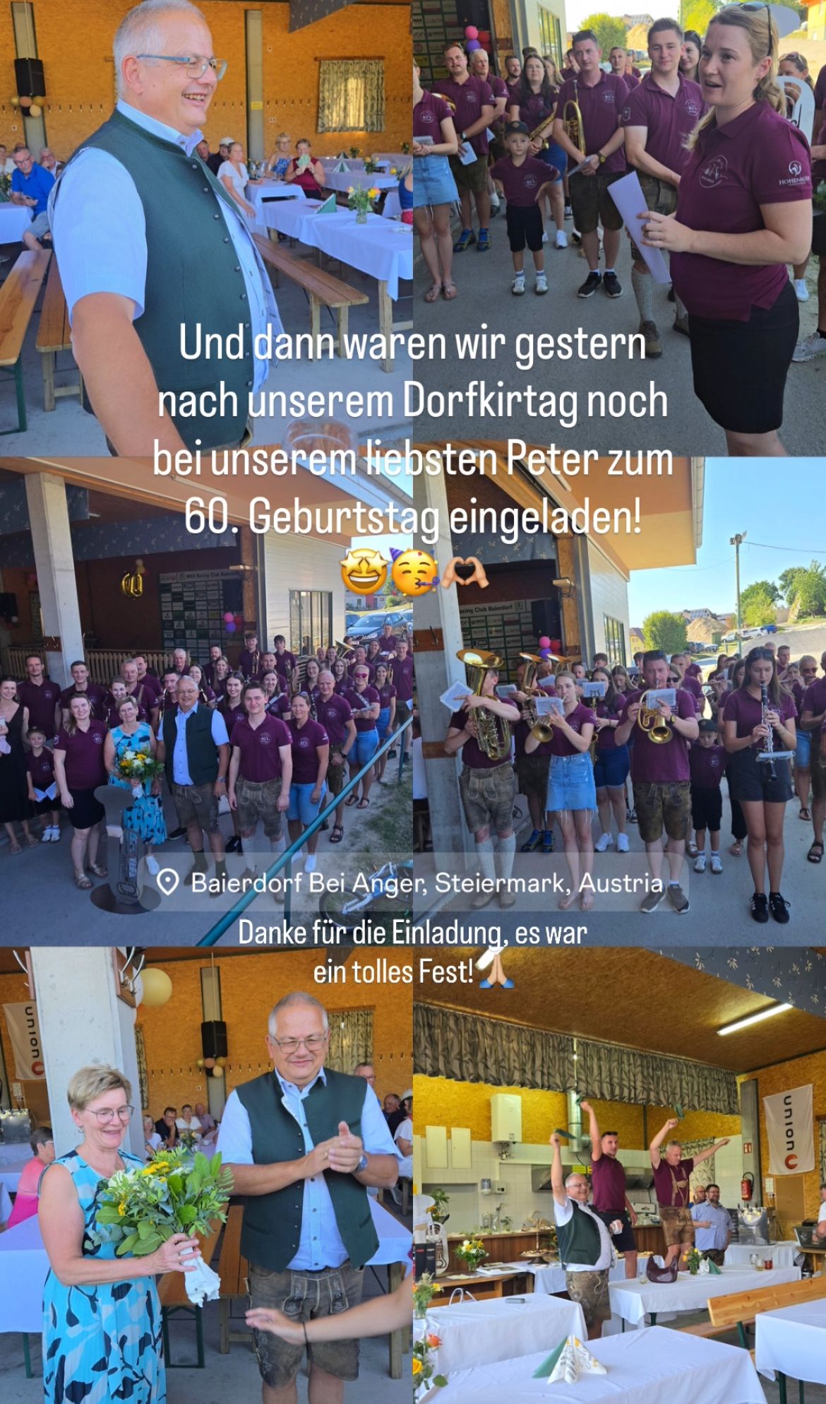 A group of people dressed in matching purple shirts and shorts are gathered outside a building, some playing instruments. The text reads 'And then we were yesterday at our village festival at our dear Peter's 60th birthday party!' and 'Thank you for the invitation, it was a great party!'. The location is Baierdorf bei Anger, Steiermark, Austria.