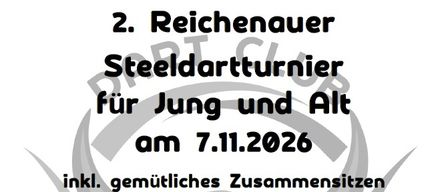 Plakat für ein Steeldart-Turnier für Jung und Alt am 7.11.2026, inklusive freundlicher Zusammenkunft bei Speisen und Getränken im Hanl-Heim. Die Veranstaltung ist kostenlos und beinhaltet einen Kinder- und Jugendwettbewerb mit Preisen und Gutscheinen beim Hauptevent. Anmeldung erforderlich. Kontaktieren Sie Christian Zachauer für weitere Informationen.