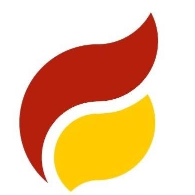 Ein rotes und gelbes blattartiges Logo auf weißem Hintergrund. Der rote Teil ähnelt einer Flamme, während der gelbe Teil blattförmig ist.