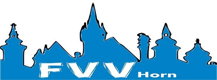 Eine blaue Silhouette eines Gebäudes mit Türmen, beschriftet mit 'FVV Horn'. Der Text ist weiß.