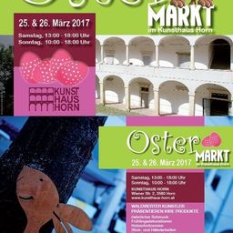 Plakat für einen Ostermarkt im Kunsthaus Horn, mit einem Hasen und einem Gebäude. Daten: 25. & 26. März 2017. Zeiten: Samstag 13:00 - 18:00 Uhr, Sonntag 10:00 - 18:00 Uhr. Mit Frühlingsdekorationen lokaler Künstler, Kinderprogramm. Adresse: Wiener Str. 2, 3580 Horn. Webseite: www.kunsthaus-horn.at.