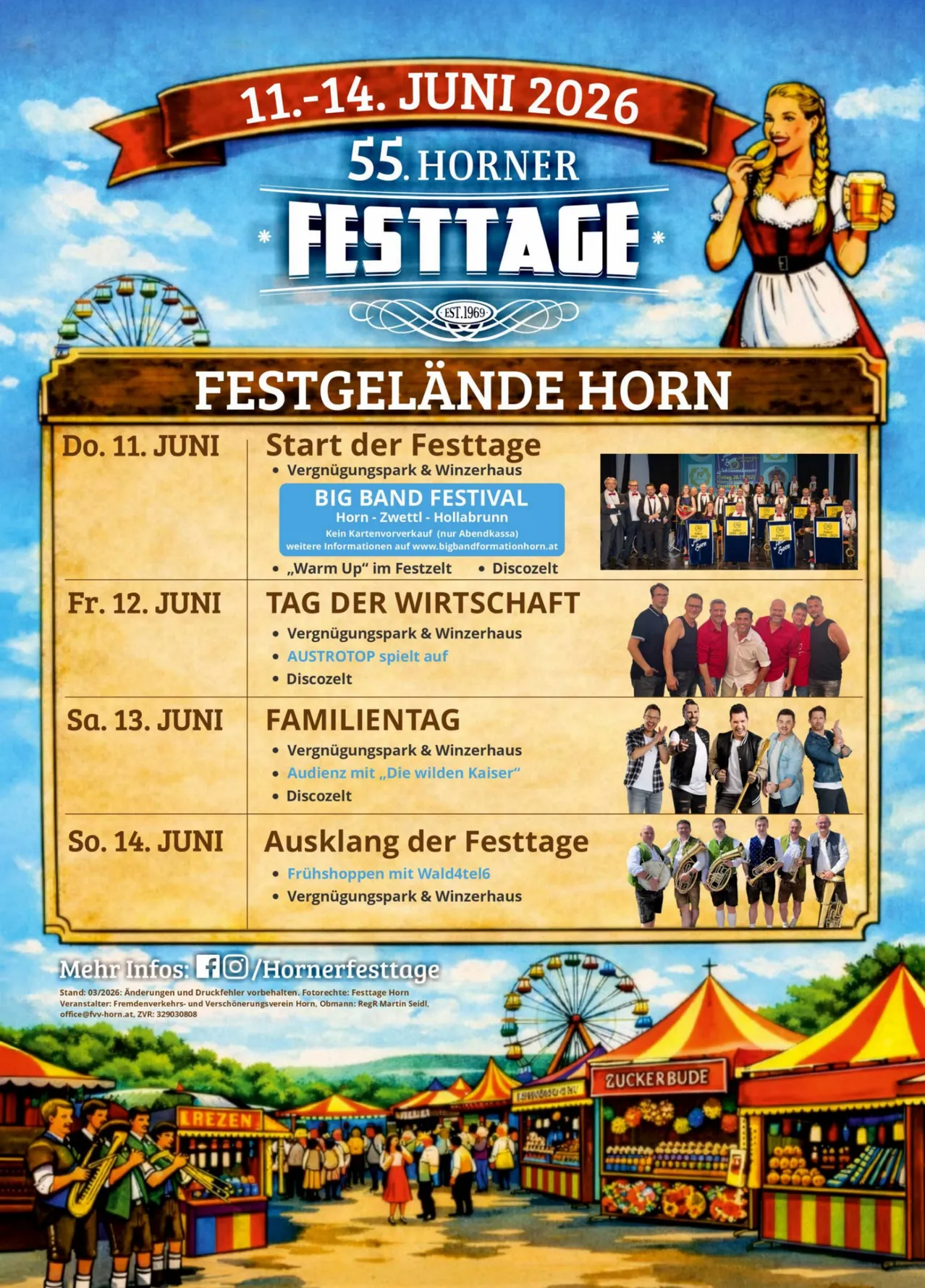 Festage-Poster bewirbt ein Ereignis vom 11. bis 14. Juni. Es zeigt ein bayerisches Mädchen und ein Riesenrad. Die Veranstaltung hat ein Bandfestival, einen Wirtschaftstag, einen Familientag und einen Abschiedsparty.