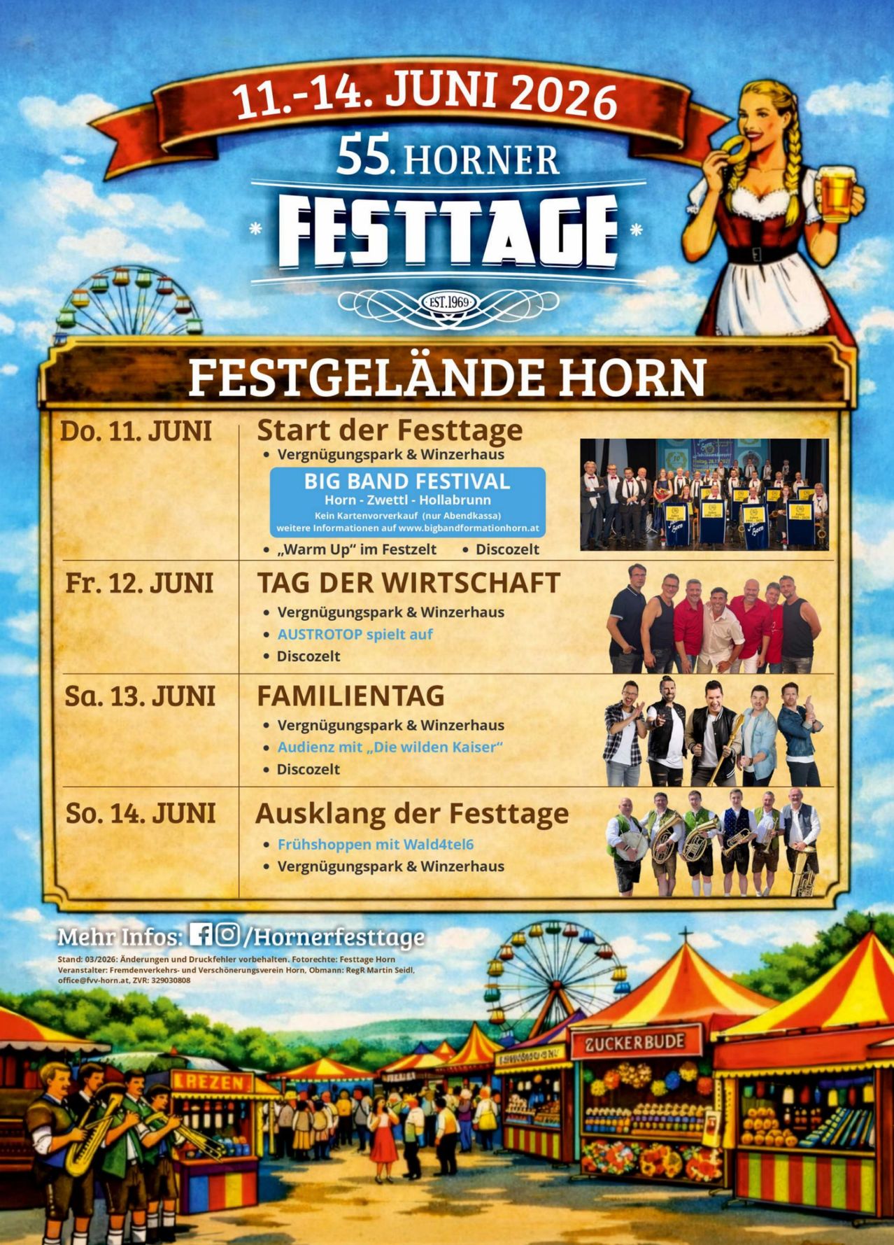 Festage-Poster bewirbt ein Ereignis vom 11. bis 14. Juni. Es zeigt ein bayerisches Mädchen und ein Riesenrad. Die Veranstaltung hat ein Bandfestival, einen Wirtschaftstag, einen Familientag und einen Abschiedsparty.