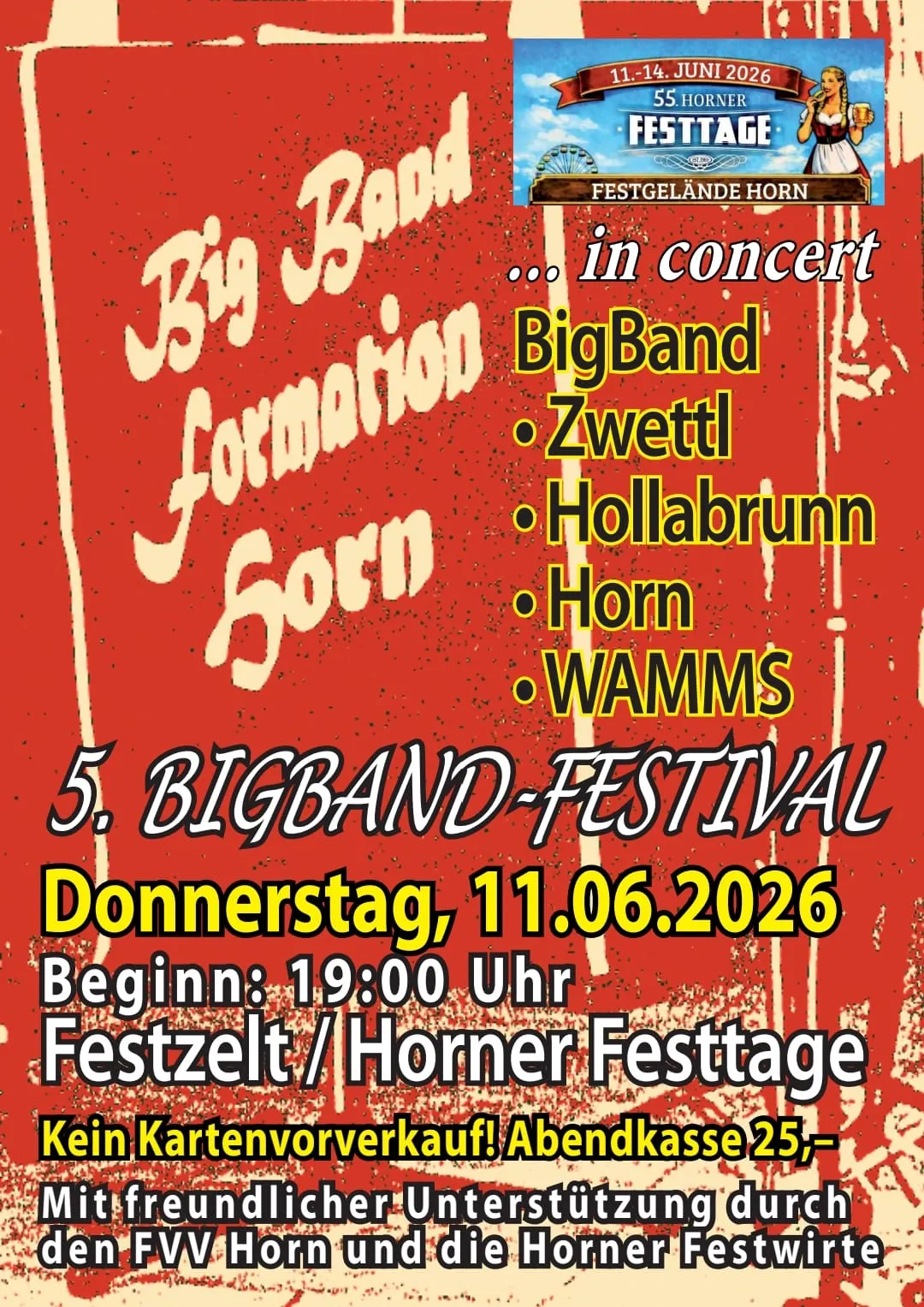 Plakat für das 5. Big Band Festival mit Big Band Formation Zorn, Zwettl, Hollabrunn, Horn und WAMMS. Die Veranstaltung findet am Donnerstag, 11.06.2026, um 19:00 Uhr statt.