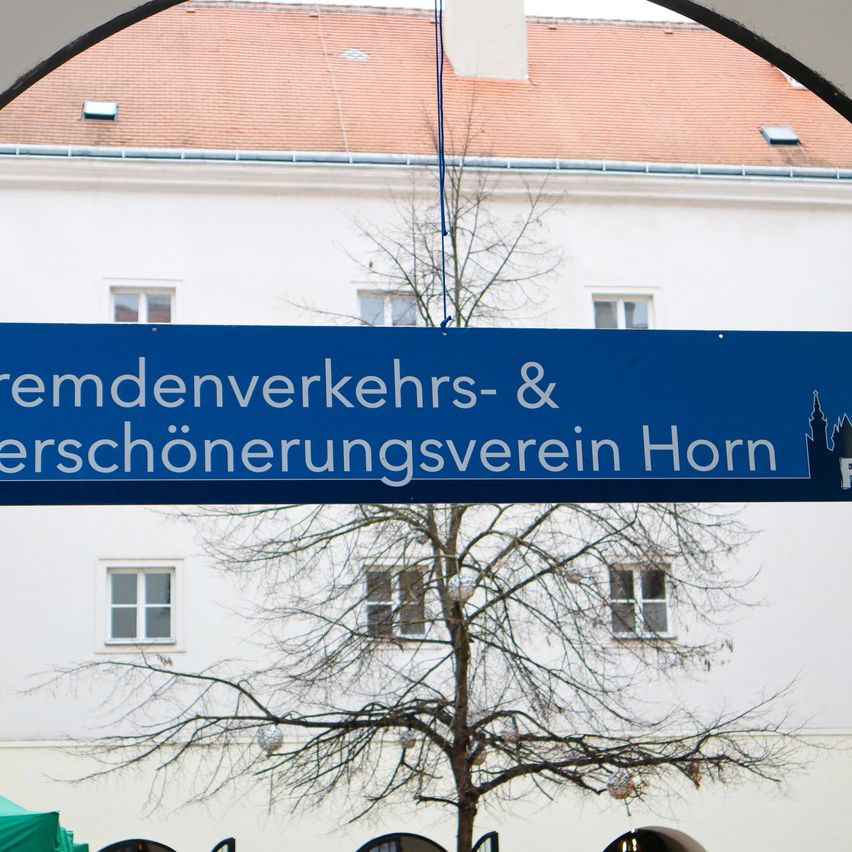 Ein blaues Schild über einem Bogen steht Fremdenverkehrs- & Verschönerungsverein Horn. Ein kahler Baum steht vor einem weißen Gebäude.