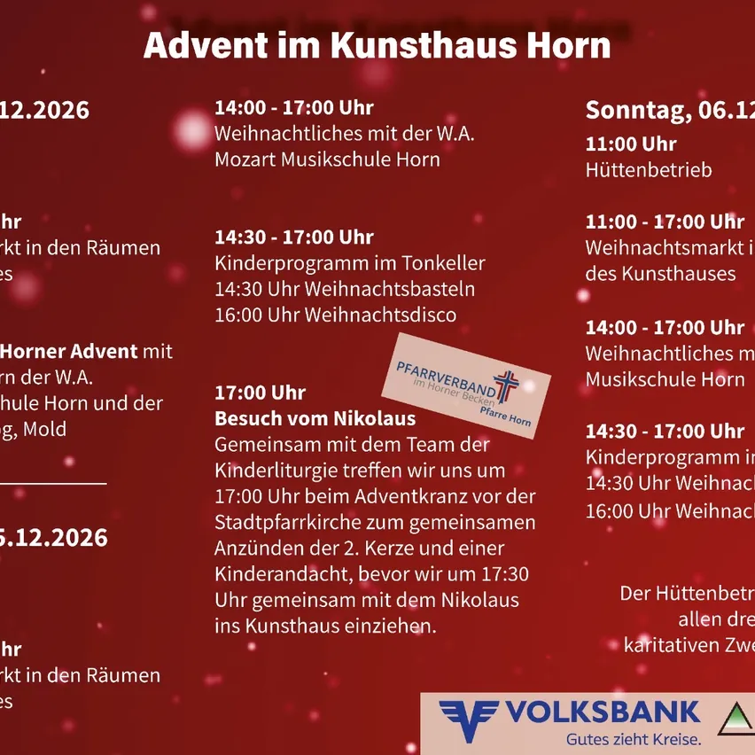 Ein roter Plakat mit weißem Text und rotem Hintergrund, das Advent-Events im Kunsthaus Horn ankündigt.