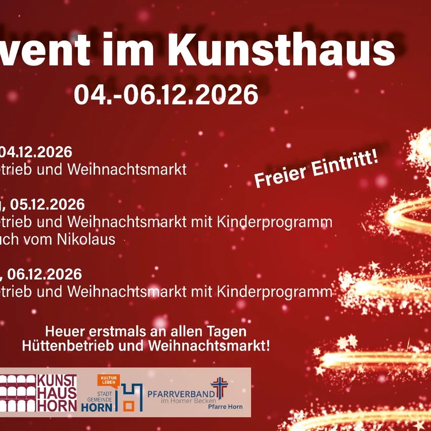 Ein roter Plakat, das den Advent im Kunsthaus vom 4. bis 6. Dezember 2026 ankündigt. Es zeigt einen Weihnachtsbaum mit Lichtern und Sternen und einen roten Hintergrund mit weißem Text.
