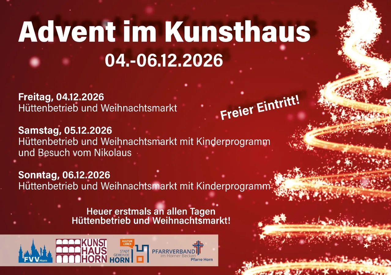 Ein roter Plakat, das den Advent im Kunsthaus vom 4. bis 6. Dezember 2026 ankündigt. Es zeigt einen Weihnachtsbaum mit Lichtern und Sternen und einen roten Hintergrund mit weißem Text.