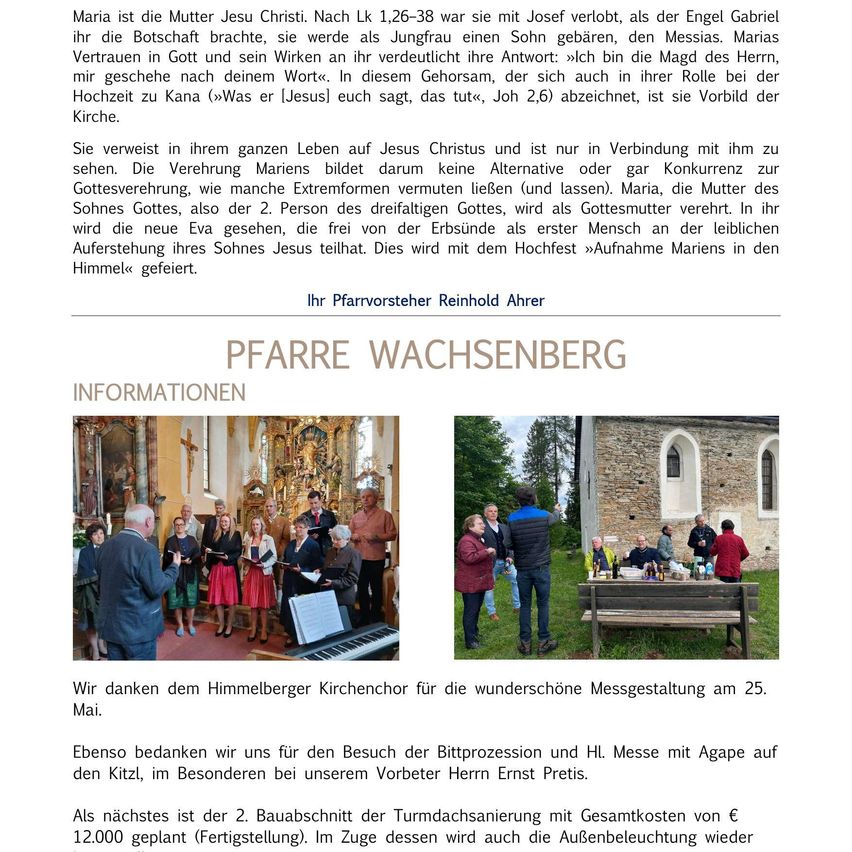 Ein deutscher Text über Maria, die Mutter Jesu Christi, bespricht ihr Leben und ihren Glauben. Er erwähnt ihre Rolle als Vorbild für die Kirche. Fotos zeigen Menschen in der Kirche und bei einer Veranstaltung.