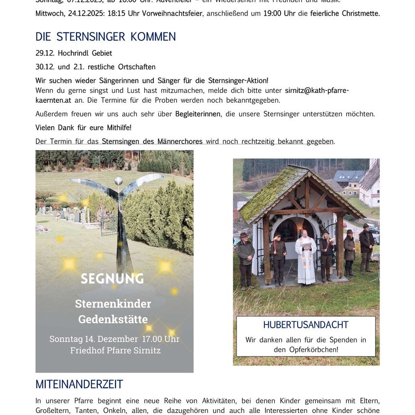 Ein Bild zeigt einen Flyer für die Sternsinger-Aktion. Es werden Termine und Orte für die Sternsinger-Veranstaltung genannt und Sängerinnen und Sänger eingeladen, sich zu melden. Es wird auch erwähnt, dass die Anmeldefrist noch offen ist.