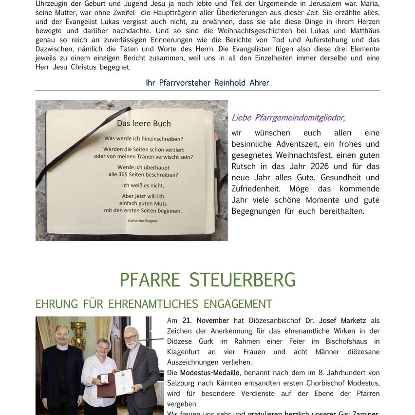 Das Bild zeigt ein Buch mit religiösem Inhalt, das die Geburt und Jugend Jesu sowie die Gemeinschaft in Jerusalem erwähnt. Es bespricht die Hauptereignisse der Weihnachtszeit, die Rollen der Evangelisten und die Einheit der Geschichten. Das Buch trägt den Titel 'Das leerende Buch' und hat 365 Seiten. Es enthält auch einen festlichen Gruß für das kommende Jahr 2026.