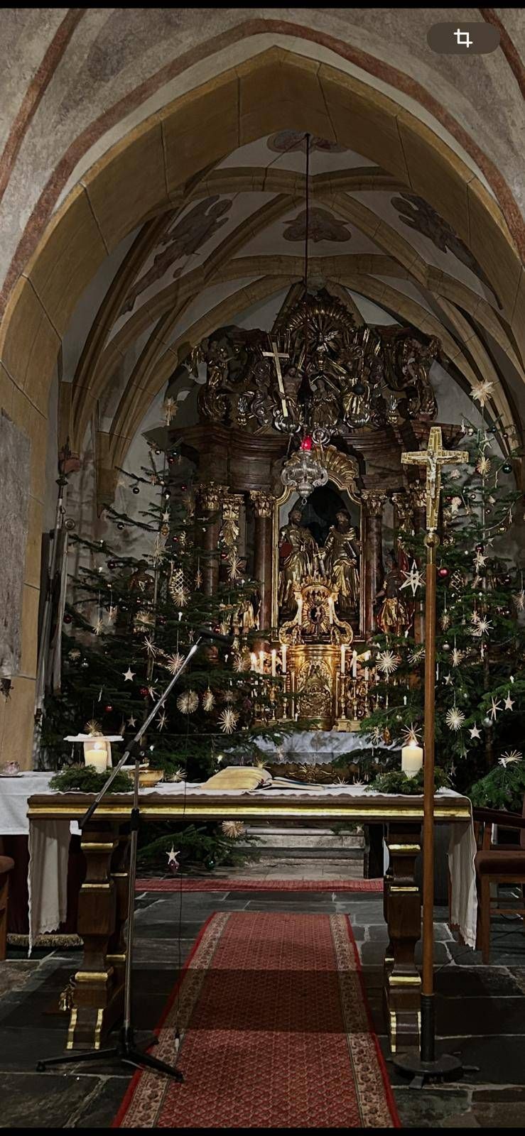Ein Altar in einer Kirche ist mit Weihnachtsbäumen, goldenen Ornamenten und Kerzen geschmückt. Zwei goldene Statuen sind vorhanden. Der Altar ist von Weihnachtsbäumen mit Sternen-Ornamenten umgeben.