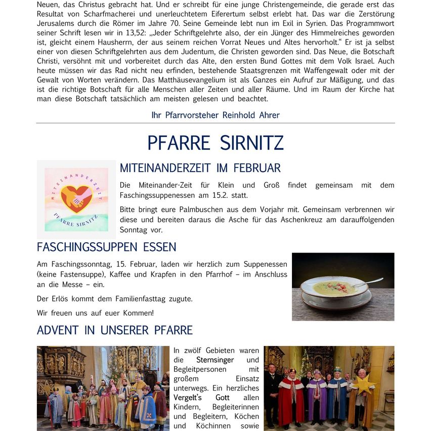 Ein Bild zeigt einen Veranstaltungskalender für eine Kirche im Februar. Es enthält Details zu einem Treffen, einem Fastenmahl und einer Adventsveranstaltung. Der Kalender lädt die Teilnehmer ein, Palmzweige mitzubringen und zu verbrennen, um Asche für den folgenden Sonntag herzustellen.