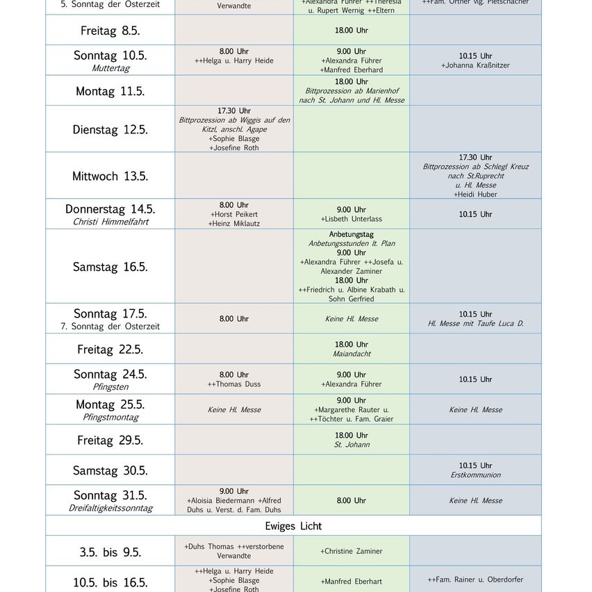 Ein Wochenplan listet Termine, Uhrzeiten und Namen der Teilnehmer für verschiedene Veranstaltungen auf, einschließlich Gottesdienste und Zusammenkünfte. Die Termine reichen von 5. Mai bis 3. Juni. Namen beinhalten Helga, Harry, Sophie und andere. Jede Veranstaltung hat eine bestimmte Uhrzeit und manchmal einen Ort.
