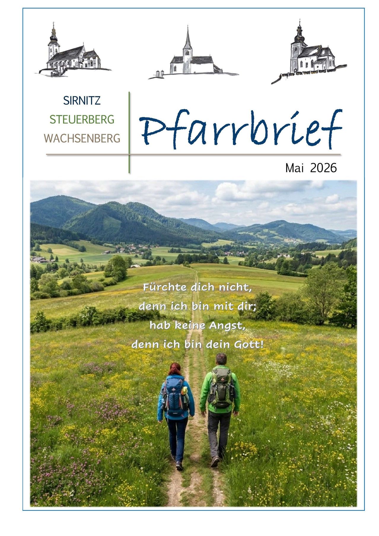 Ein Pfarrbrief für Mai 2026 mit einem deutschen Zitat über einem Landschaftsfoto von zwei Wanderern.