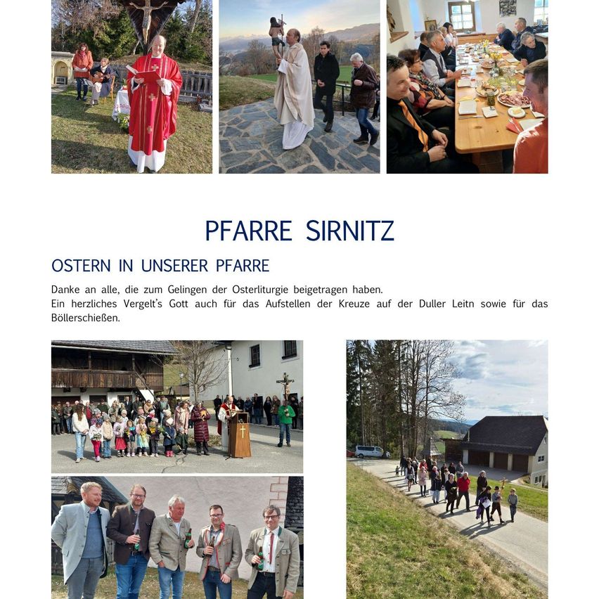 Verschiedene Bilder zeigen Osterfeiern in der Pfarre Sirnitz Gemeinschaft, einschließlich eines Priesters, einer Versammlung von Menschen und einem festlichen Tisch. Die Bilder heben die Beteiligung der Gemeinschaft an der Osterliturgie hervor.