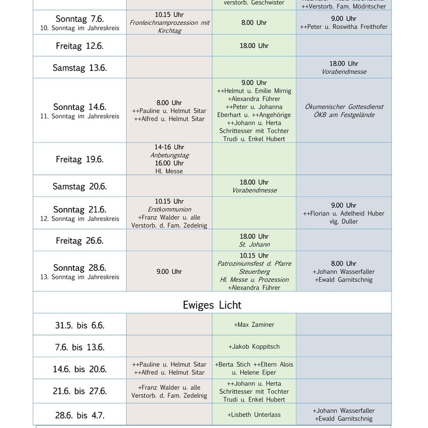 The image shows a table of liturgical schedules, including dates, times, and names of individuals involved in services. It includes events such as communion, masses, and processions.