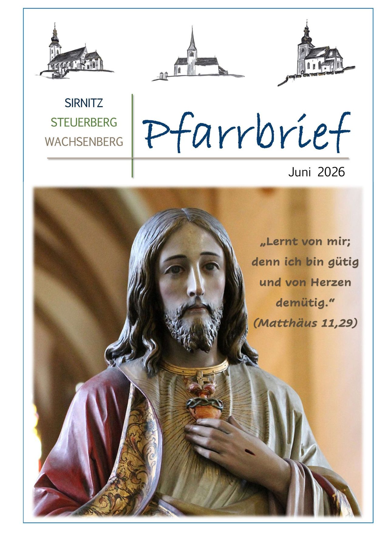 A poster with a statue of Jesus Christ and the text "Lernt von mir; denn ich bin gütig und von Herzen demütíg." (Matthew 11,29) from the Pfarrbrief for June 2026.