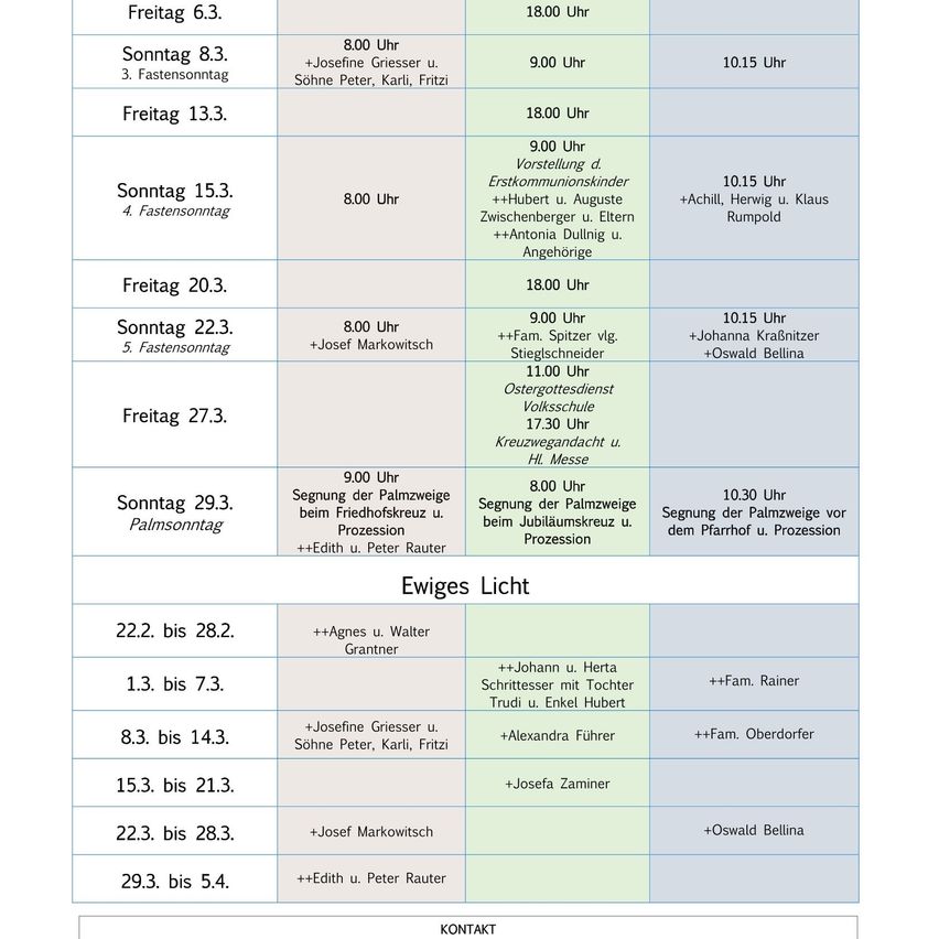 A table listing various days and times for church services, including dates, times, and names of individuals associated with the services.