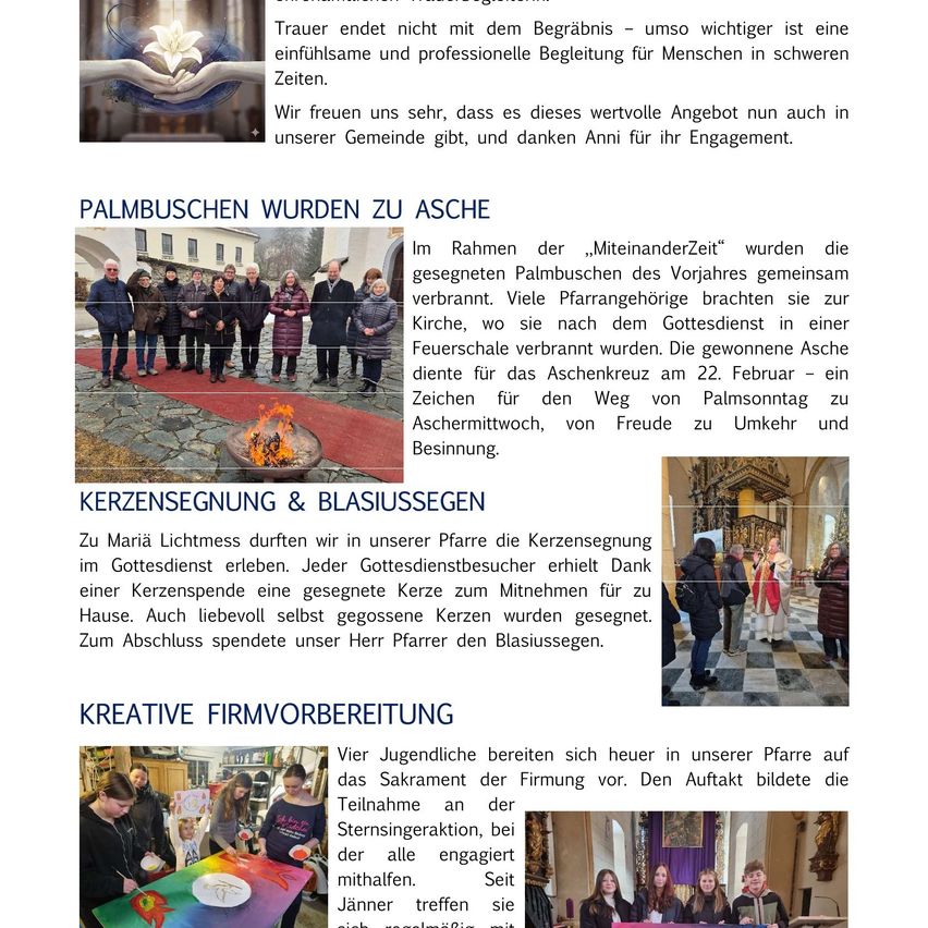 The image shows a community service announcement about various church events, including the burning of palm crosses, blessing of candles, and preparation for confirmation. There are photos of people participating in these activities.