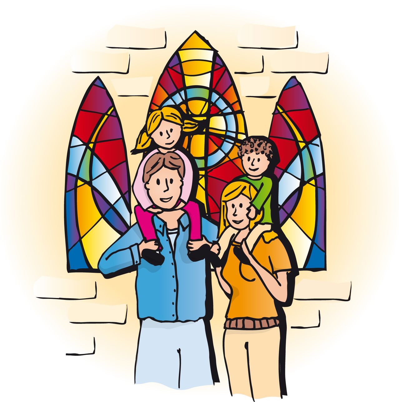 An illustration of a family standing in front of a church with stained glass windows.