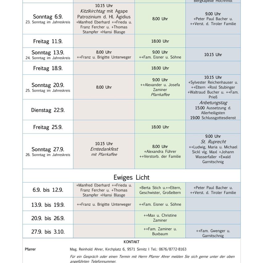 Eine Tabelle mit Daten und Uhrzeiten für verschiedene Veranstaltungen, einschließlich Gottesdienste, Familientreffen und andere Aktivitäten, organisiert nach Wochentagen. Die Tabelle enthält Namen der Teilnehmer und spezifische Uhrzeiten für jede Veranstaltung.