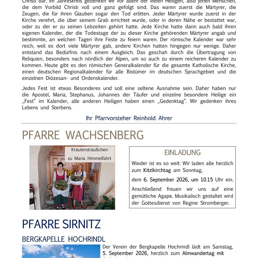 Ein Flyer für eine Kirchenveranstaltung mit dem Titel 'Pfarre Wachsenerg', der ein Bild von zwei Frauen in traditioneller Kleidung mit Blumen zeigt, mit Text über einen Gottesdienst und einer Einladung zu einem Sonntagsgottesdienst am 6. September 2026.