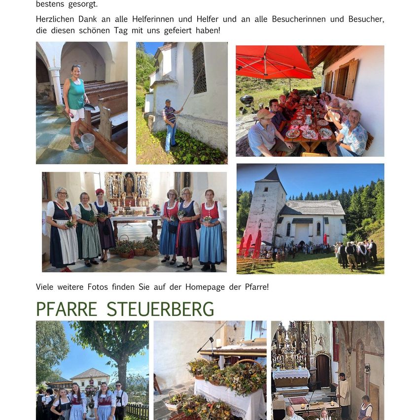 Eine Collage von Bildern, die verschiedene Szenen einer Kirchenveranstaltung zeigen, einschließlich Menschen beim Reinigen, Essen und Posieren mit Blumen. Der Textüberlagerung lautet 'Herzlichen Dank an alle Helferinnen und Helfer und an alle Besucherinnen und Besucher, die diesen schönen Tag mit uns gefeiert haben!'. Unten ist der Text 'Viele weitere Fotos finden Sie auf der Homepage der Pfarre!' zu sehen.