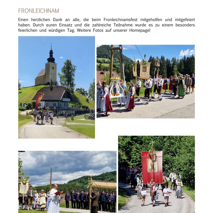 Bilder der Fronleichnamsprozession in Fronleichnam. Ein Priester liest aus einem Buch, umgeben von Menschen in traditioneller Kleidung. Die Prozession umfasst Teilnehmer, die Banner tragen.