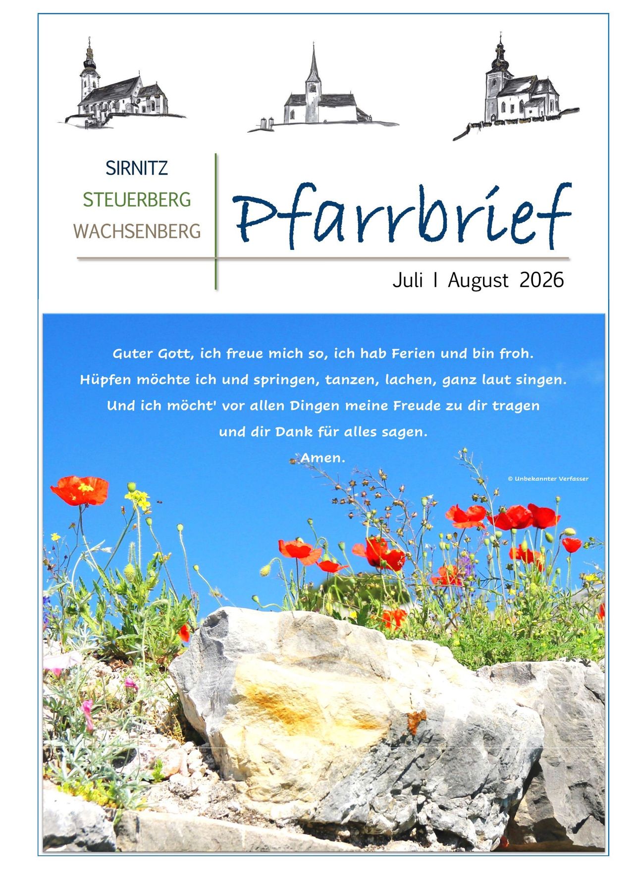 Postkarte mit einem Feld roter Mohnblumen und einem blauen Himmel. Der Text lautet 'Pfarrbrief Juli 1 August 2026' und ein Gedicht über Freude.