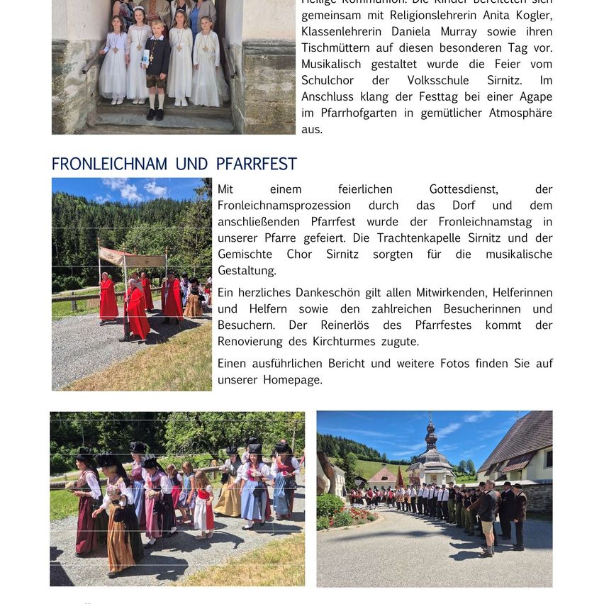 Ein Bild einer Prozession von Menschen in traditionellen Kostümen, die Banner halten und singen. Die Prozession führt zu einem Fest mit einer Bühne, Zelten und Essensständen. Im Hintergrund befindet sich eine Kirche.