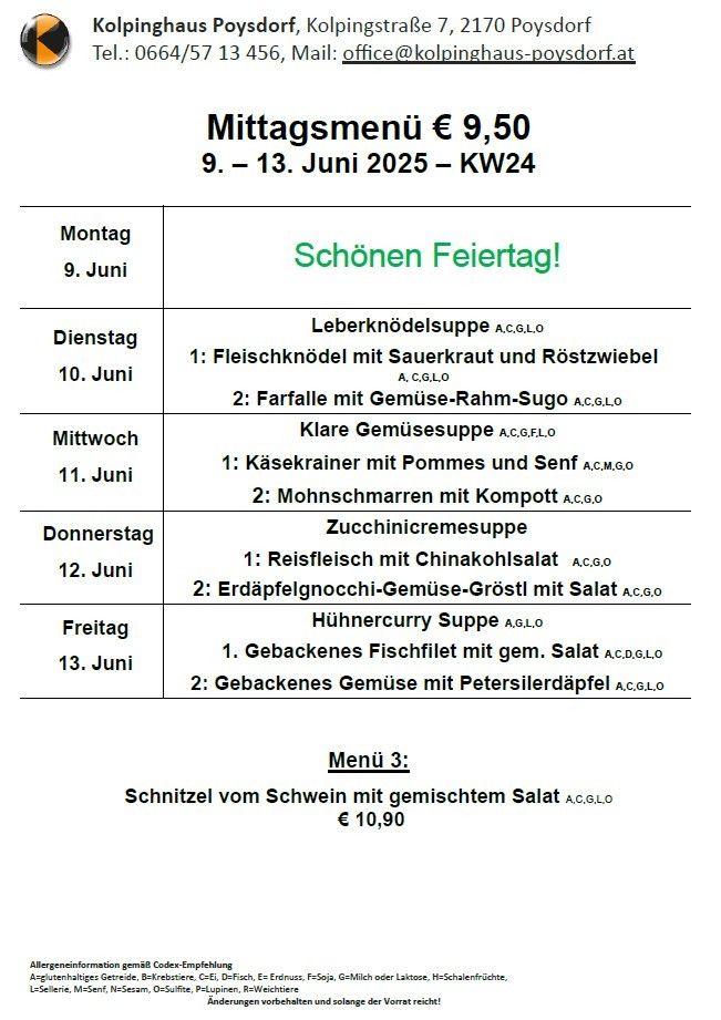 Das Bild zeigt ein Mittagsmenü vom 9. bis 13. Juni 2025. Montag ist ein Feiertag. Jeder Tag listet zwei Essensoptionen mit Zutaten und Preisen auf. Menü 3 kostet 10,90 Euro.