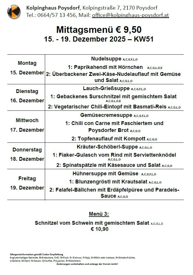 Mittagsmenü vom 15. bis 19. Dezember 2025, einschließlich Suppe, Nudeln, Salat und Fleischgerichte. Jeden Tag gibt es zwei Hauptgerichte und eine Suppenoption.