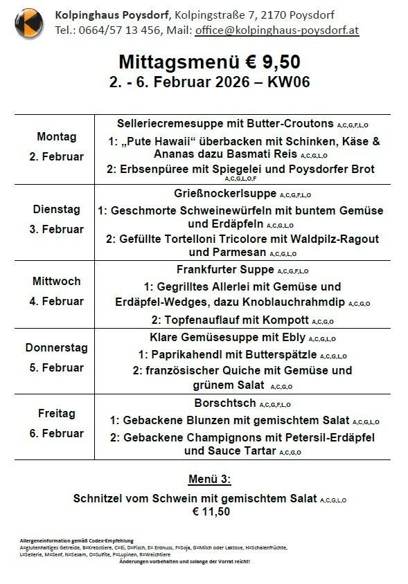Wöchentliches Mittagsmenü für den 2. bis 6. Februar 2026. Montag bietet eine 'Pute Hawaii' mit Schinken, Käse und Ananas. Dienstag serviert eine Hühnersuppe mit Schweinefleisch und Kartoffeln. Mittwochs gibt es gegrilltes Gemüse mit Knoblauchdip und Kartoffelcremesuppe. Donnerstag serviert eine Gemüsesuppe mit Mangold und Freitag hat Borschtsch. Samstag bietet gebackene Champignons mit gemischtem Salat und gebackene Champignons mit Petersilie und Kartoffel. Menü 3 bietet Schweineschnitzel mit gemischtem Salat.