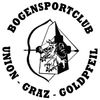The Bogensportclub Union Graz Goldpfennig logo features a stylized bow, arrow, and shield with a lion crest at its center.