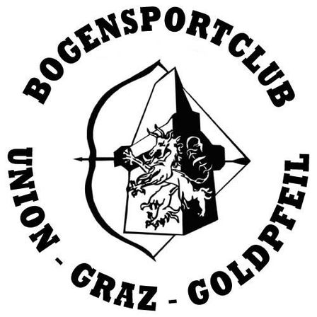 The Bogensportclub Union Graz Goldpfennig logo features a stylized bow, arrow, and shield with a lion crest at its center.