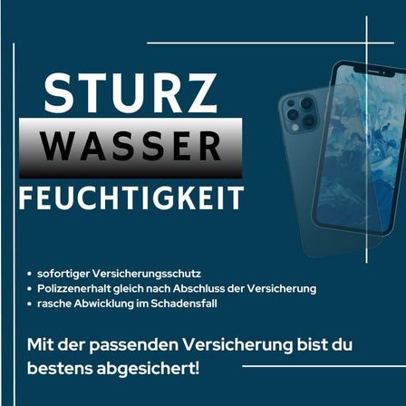 Eine Werbung für eine Handyhülle zeigt ein Handy auf blauem Hintergrund. Es hat die Worte 'STÜRZ WASSER FEUCHTIGKEIT' darüber geschrieben. Unten verspricht es Versicherungsschutz.
