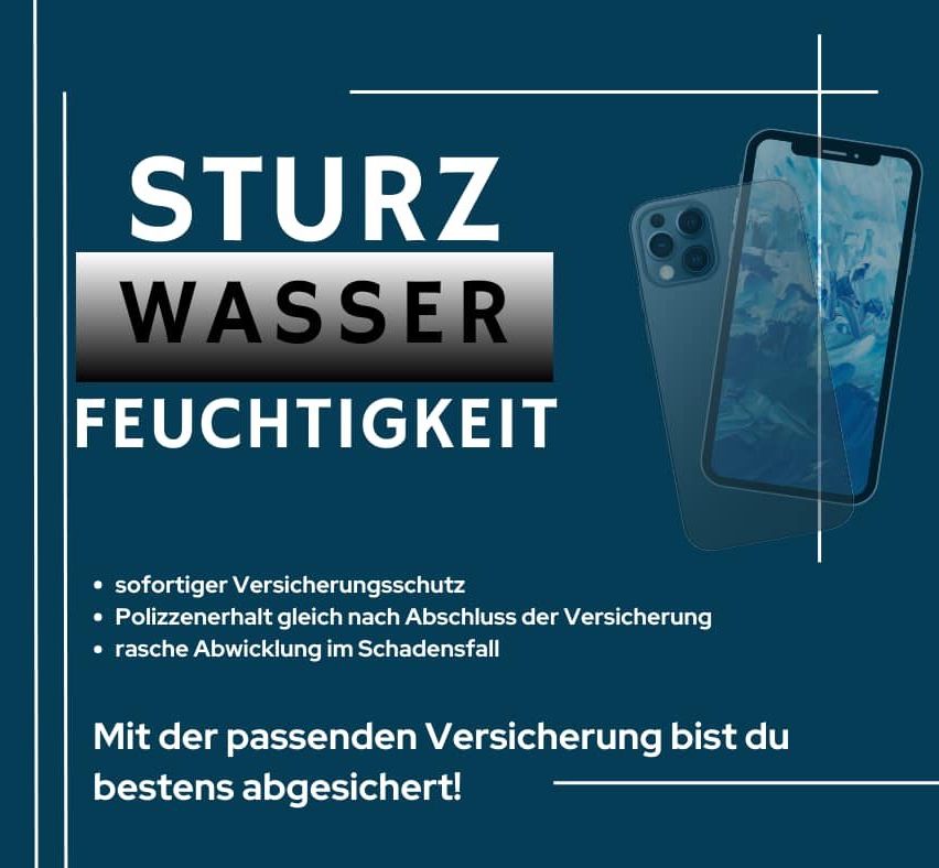 Eine Werbung für eine Handyhülle zeigt ein Handy auf blauem Hintergrund. Es hat die Worte 'STÜRZ WASSER FEUCHTIGKEIT' darüber geschrieben. Unten verspricht es Versicherungsschutz.