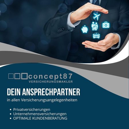 Ein Geschäftsmann hält Symbole eines Hauses, einer Familie, eines Autos und eines Flugzeugs. Versicherungsmakler Concept 87, Ihr Partner für alle Versicherungsangelegenheiten. Privat-, Firmen- und optimale Kundenbetreuung.