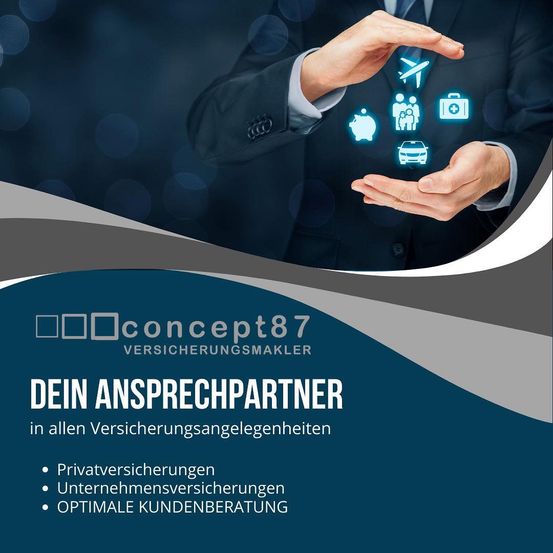 Ein Geschäftsmann hält Symbole eines Hauses, einer Familie, eines Autos und eines Flugzeugs. Versicherungsmakler Concept 87, Ihr Partner für alle Versicherungsangelegenheiten. Privat-, Firmen- und optimale Kundenbetreuung.