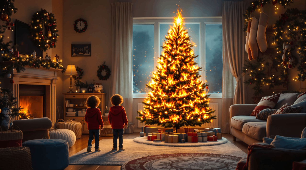Zwei Kinder betrachten ehrfürchtig einen brennenden Weihnachtsbaum in einem warm beleuchteten Wohnzimmer. Der Baum brennt mit Feuer, doch Geschenke bleiben an seiner Basis unversehrt. Der Raum ist festlich geschmückt, mit Kränzen und einer Uhr an der Wand.