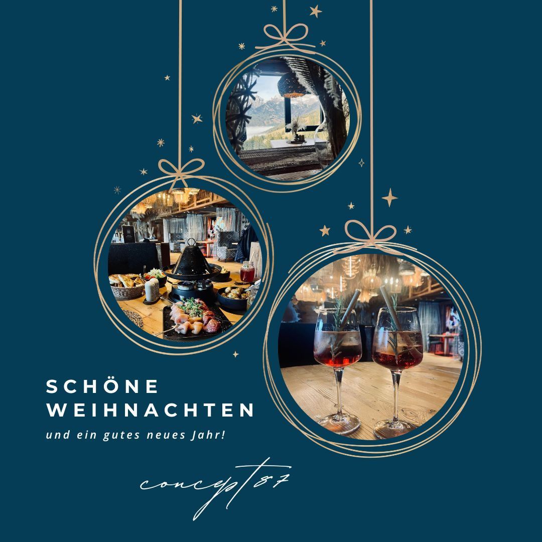 Drei goldene runde Rahmen zeigen Ansichten eines Restaurants. Der obere Rahmen zeigt eine Bergsicht, der mittlere einen Esstisch mit Essen und der untere zwei Gläser Wein. Der Text lautet 'Schöne Weihnachten und ein gutes neues Jahr!' und 'concept57'.