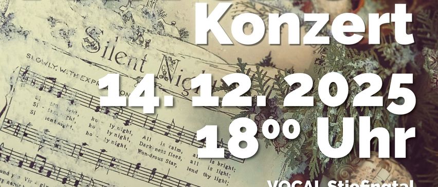 Plakat für das Adventkonzert in der Pfarrkirche Heiligenkreuz. Datum: 14.12.2025, Zeit: 18 Uhr. Mit Chor, Familienmusik und Daniel Maier Kreizweis.