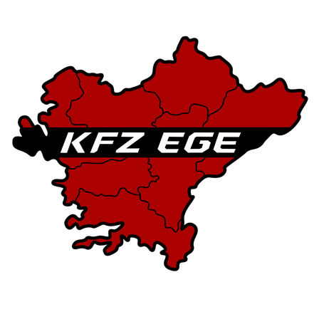 Das Logo von KFZ EGE wird auf einem schwarzen Hintergrund mit einer roten Umrandung eines Landes angezeigt.