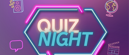 Ein Neonschild auf einem lila Hintergrund zeigt 'QUIZ NIGHT' in weißen und blauen Buchstaben mit einem rosa und blauen Umriss.